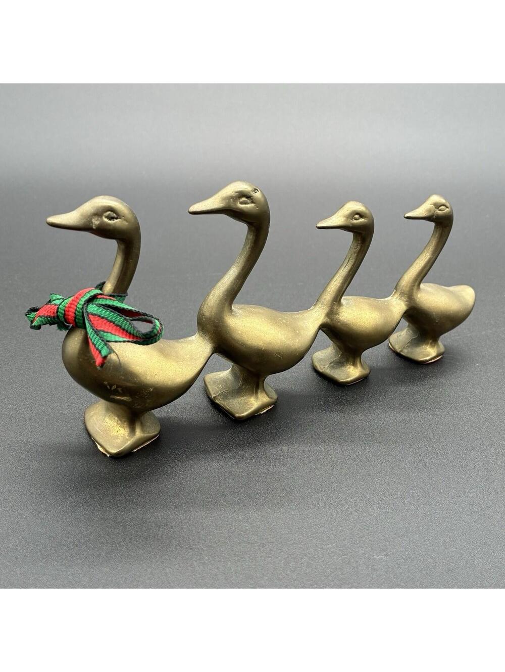 Vintage Brass Ducks Geese Family Figurines Set of 4 Mid Century Decor